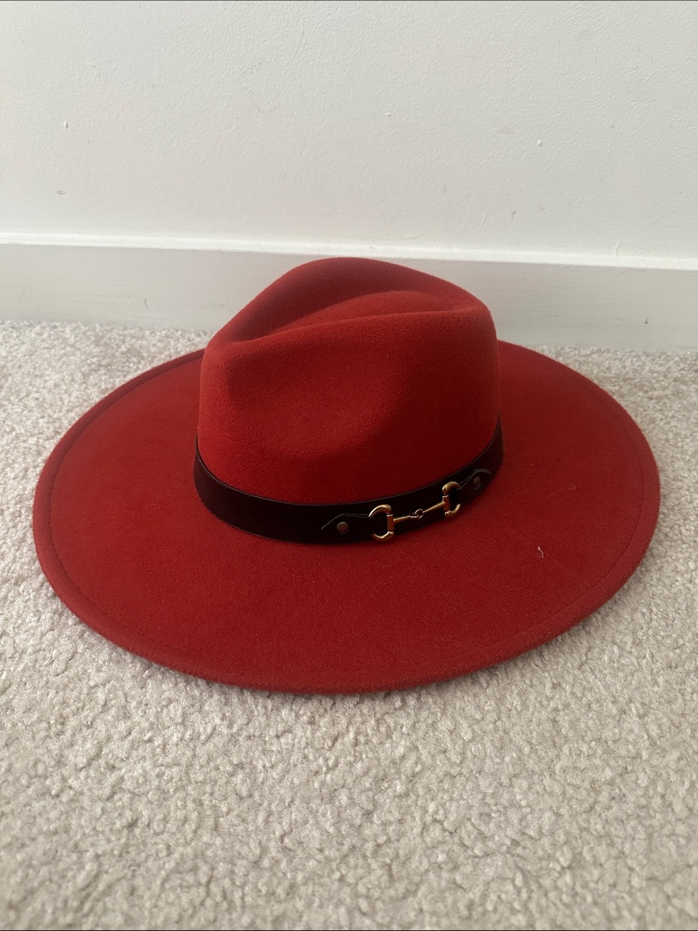 Red Wide Brim Wool Fedora Hat with Leather Band